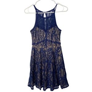 Francescas Royal Blue Lace Halter Mini Dress XS Nude Lined Sleeveless